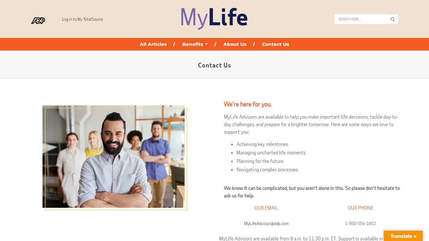 Contact Us – Mylife TS - ADP